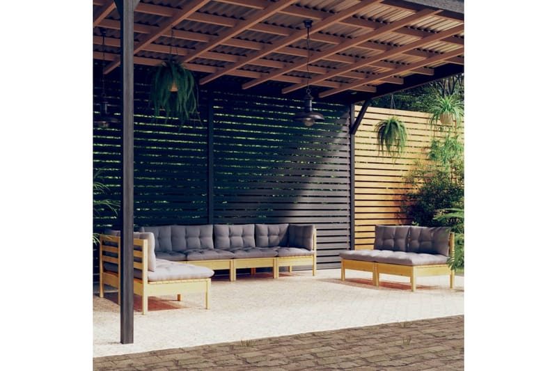 loungesæt til haven 8 dele med grå hynder massivt fyrretræ - Grå - Have - Udendørs miljø - Altan & terrasse - Altanmøbler