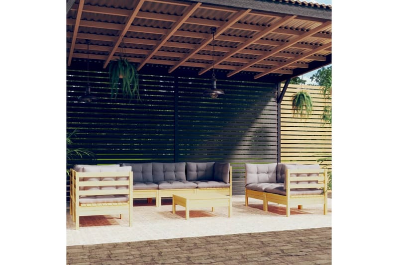 loungesæt til haven 8 dele med grå hynder massivt fyrretræ - Grå - Have - Udendørs miljø - Altan & terrasse - Altanmøbler