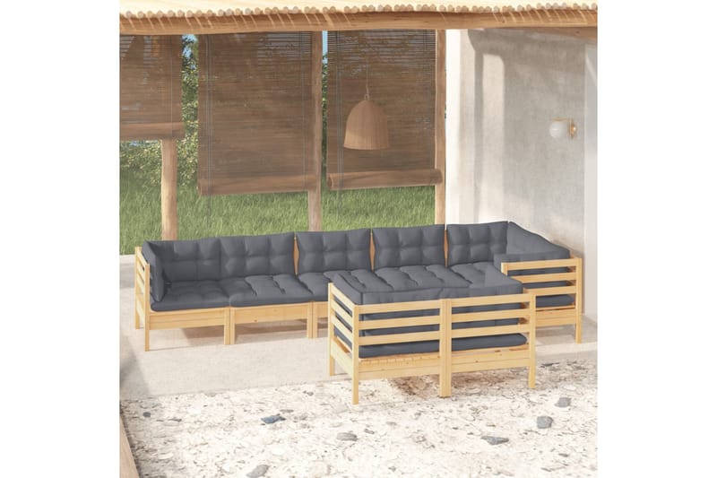 loungesæt til haven 8 dele med grå hynder massivt fyrretræ - Grå - Have - Udendørs miljø - Altan & terrasse - Altanmøbler