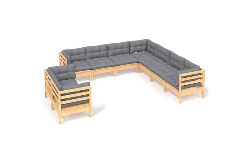 loungesæt til haven 9 dele med grå hynder massivt fyrretræ - Grå - Altanmøbler - Sofagrupper udendørs - Loungesæt