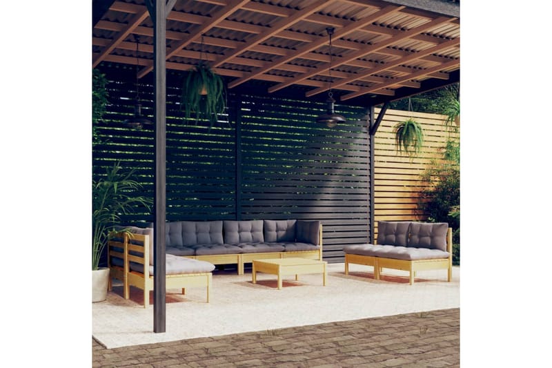 loungesæt til haven 9 dele med grå hynder massivt fyrretræ - Grå - Have - Udendørs miljø - Altan & terrasse - Altanmøbler