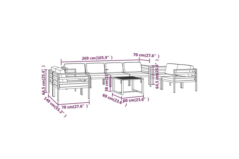 loungesæt til haven 9 dele med hynder aluminium antracitgrå - Antracit - Altanmøbler - Sofagrupper udendørs - Loungesæt