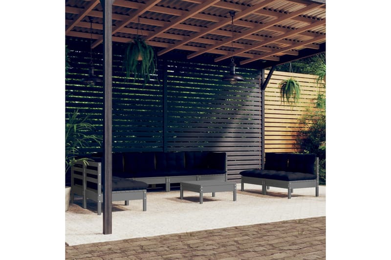 loungesæt til haven 9 dele med hynder massivt fyrretræ grå - Grå - Altanmøbler - Sofagrupper udendørs - Loungesæt