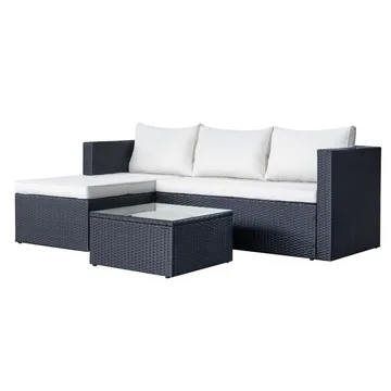 Mendoza L-formet 4-personers sofagruppe i polyrattan til altan og terrasse - Sort / Hvide hynder - Havemøbler - Loungemøbler - Sofagrupper udendørs