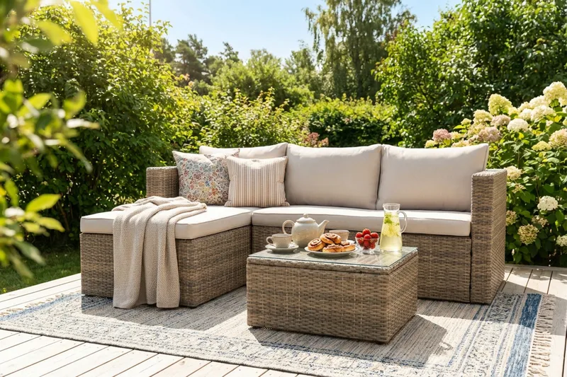 Mendoza L-formet 4-personers sofagruppe i polyrattan til altan og terrasse - Brun / Beige hynder - Have - Udendørs miljø - Altan & terrasse - Altanmøbler