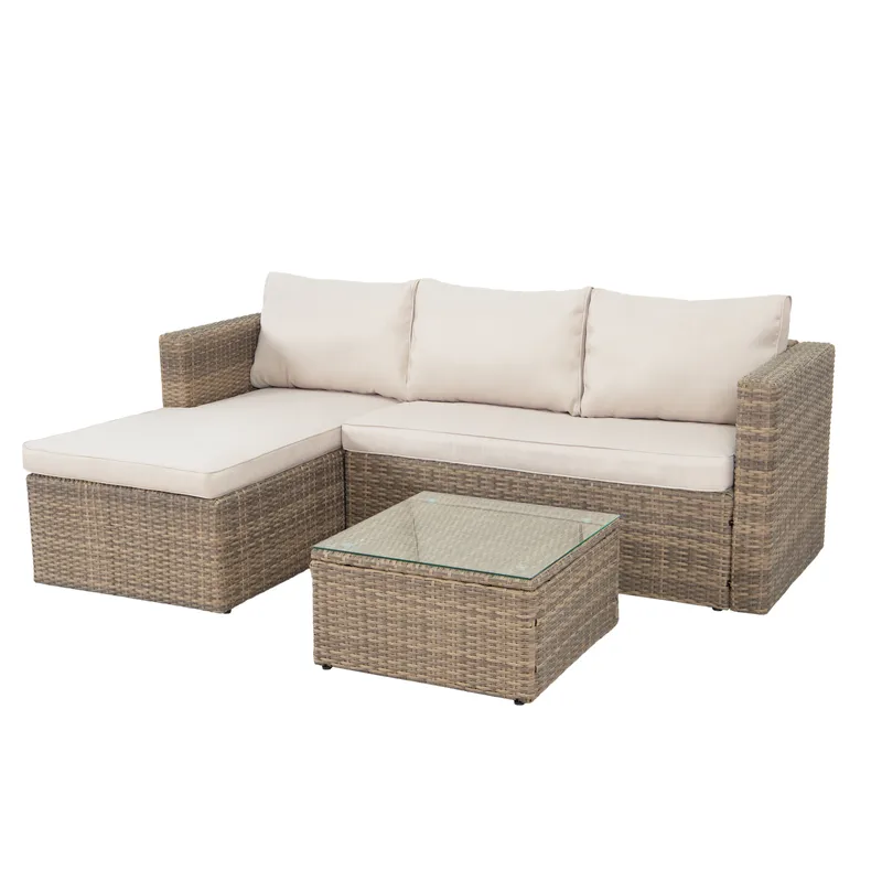 Mendoza L-formet 4-personers sofagruppe i polyrattan til altan og terrasse - Brun / Beige hynder - Have - Udendørs miljø - Altan & terrasse - Altanmøbler