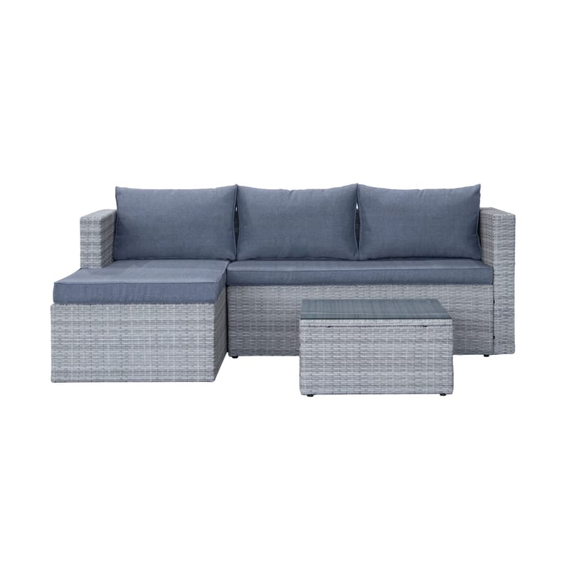 Mendoza L-formet 4-personers sofagruppe i polyrattan til altan og terrasse, Grå / Blå hynder