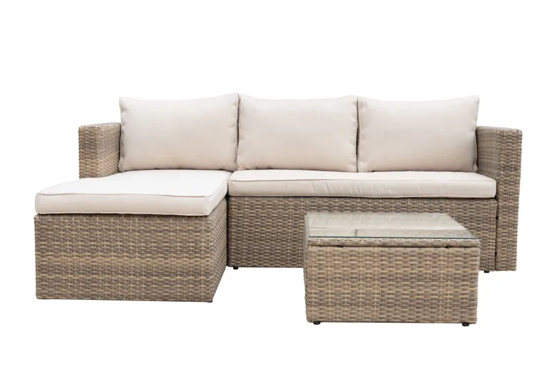 Mendoza L-formet 4-personers sofagruppe i polyrattan til altan og terrasse - Brun / Beige hynder - Have - Udendørs miljø - Altan & terrasse - Altanmøbler