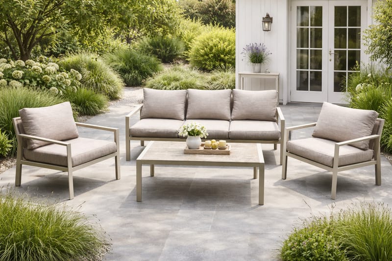 Palermo Havemøbelgruppe Sofagruppe: 3-personers sofa, 2 lænestole, sofabord - Beige - Have - Udendørs miljø - Altan & terrasse - Altanmøbler
