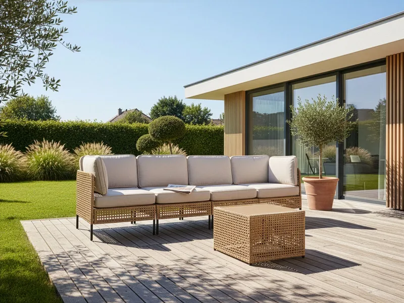 Sofa udendørs med bord 4-personers Omegana modulær kunstflet - Beige/Sort - Have - Udendørs miljø - Altan & terrasse - Altanmøbler