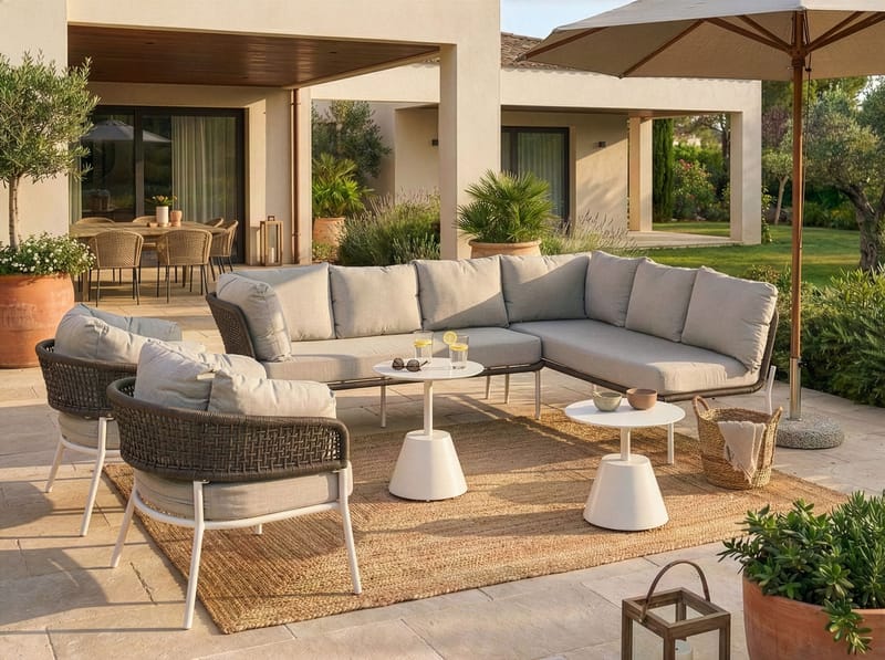 Sofagruppe udendørs 7-personers Robella med bord - Beige/Hvid/Brun - Have - Udendørs miljø - Altan & terrasse - Altanmøbler