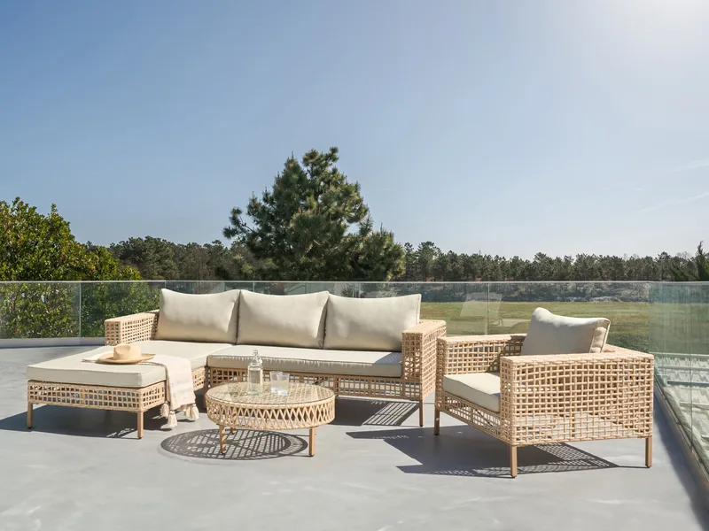Sofagruppe udendørs med bord 4-personers Calasetta højrevendt kunstflet - Beige - Have - Udendørs miljø - Altan & terrasse - Altanmøbler