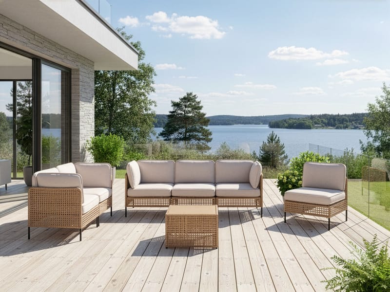 Sofagruppe udendørs med bord 6-personers Omegana modulær kunstflet - Beige/Sort - Have - Udendørs miljø - Altan & terrasse - Altanmøbler