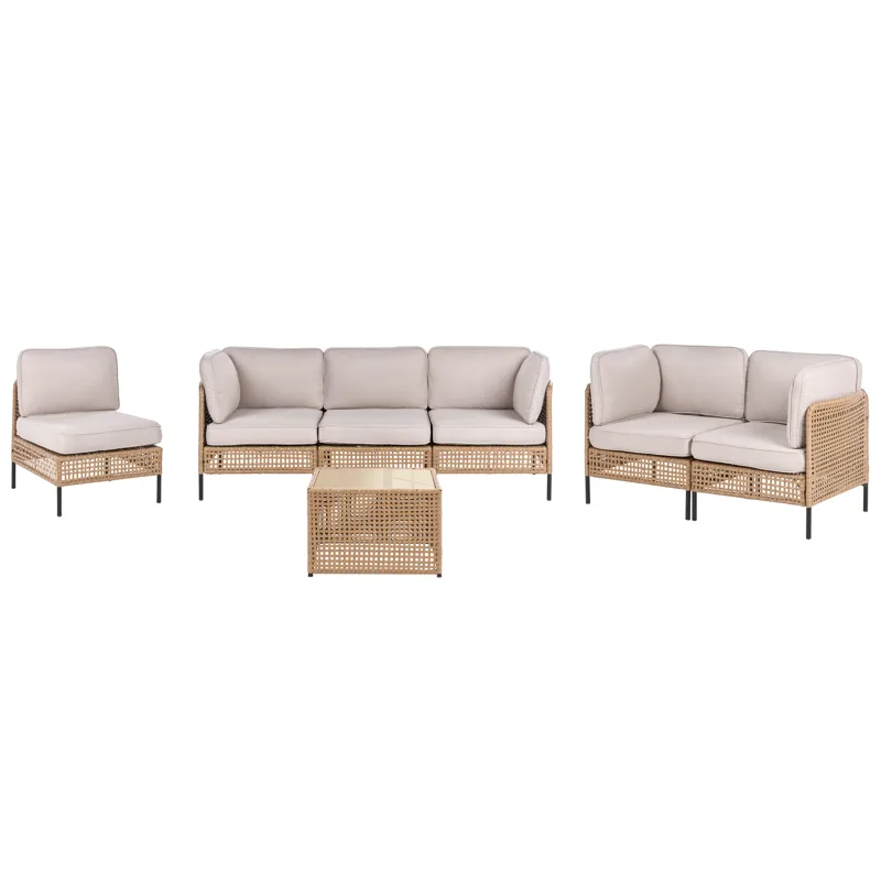 Sofagruppe udendørs med bord 6-personers Omegana modulær kunstflet, Beige/Sort