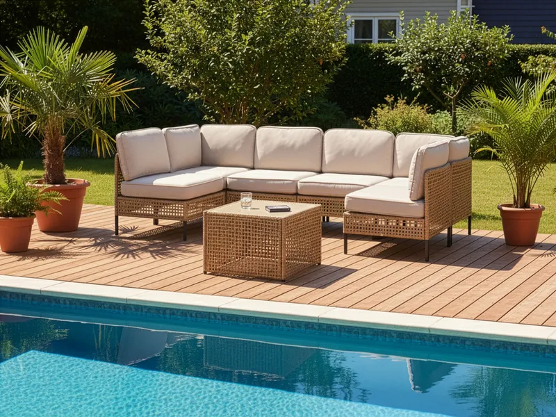 U-formet sofa udendørs 6-personers Omegana modulær kunstflet - Beige/Sort - Have - Udendørs miljø - Altan & terrasse - Altanmøbler