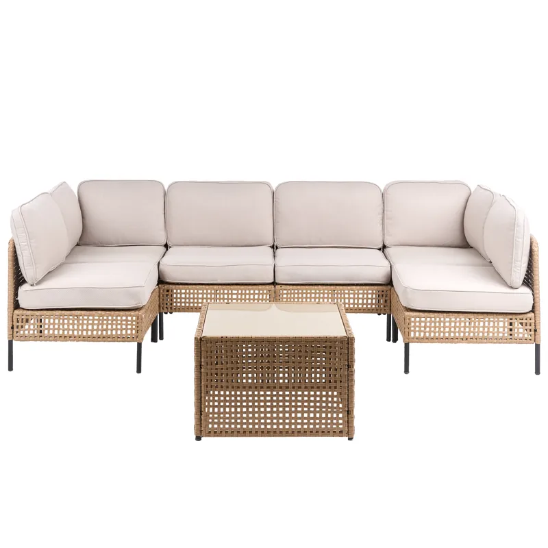 U-formet sofa udendørs 6-personers Omegana modulær kunstflet, Beige/Sort