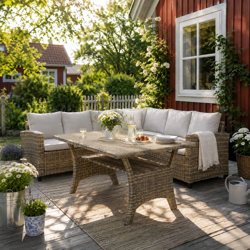 James Light Stor L-formet Vendbar Loungegruppe til Udendørs i Kunstrotting med Opbevaring og Hvide Hynder - Natur - Havemøbler - Loungemøbler - Sofagrupper udendørs