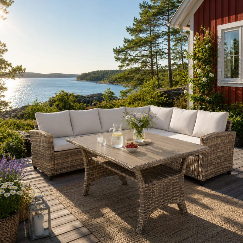 James Light Stor L-formet Vendbar Loungegruppe til Udendørs i Kunstrotting med Opbevaring og Hvide Hynder - Natur - Havemøbler - Loungemøbler - Sofagrupper udendørs