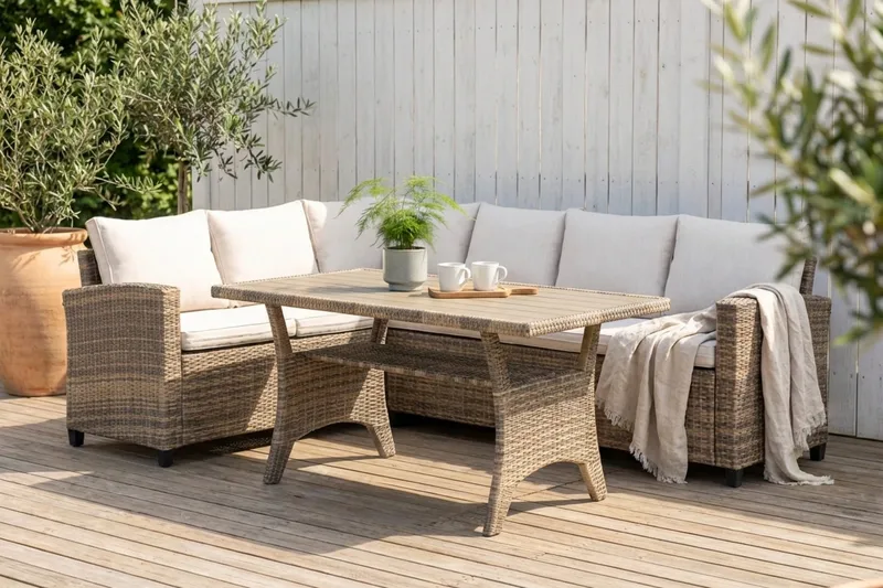 James Light Stor L-formet Vendbar Loungegruppe til Udendørs i Kunstrotting med Opbevaring og Hvide Hynder - Natur - Have - Udendørs miljø - Altan & terrasse - Altanmøbler