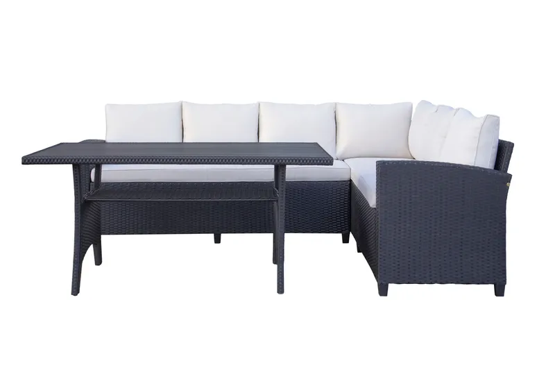 James Light Stor L-formet Vendbar Loungegruppe til Udendørs i Kunstrotting med Opbevaring og Hvide Hynder - Sort - Have - Udendørs miljø - Altan & terrasse - Altanmøbler