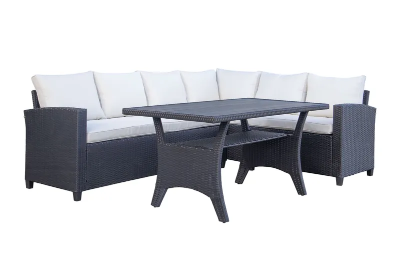 James Light Stor L-formet Vendbar Loungegruppe til Udendørs i Kunstrotting med Opbevaring og Hvide Hynder - Sort - Have - Udendørs miljø - Altan & terrasse - Altanmøbler