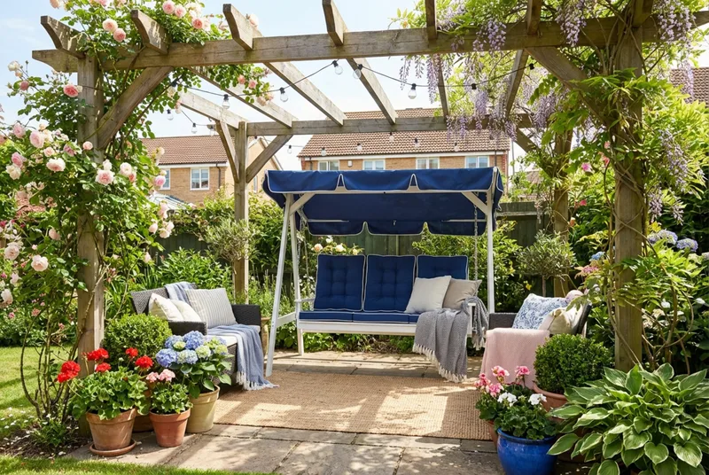 Landet Hammock Gyngestol med tag i akacietræ inklusiv hynder 195x125x159 - Hvid - Havemøbler - Havesofaer & bænke - Hængesofaer