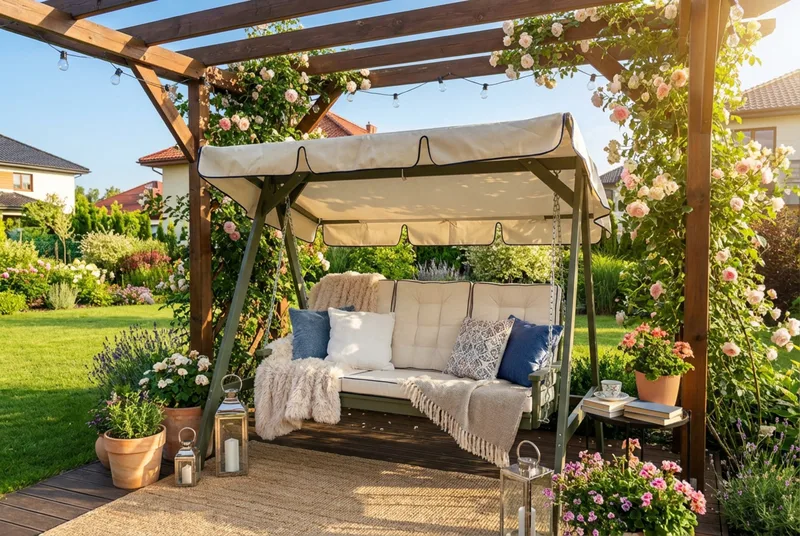 Landet Hammock Gyngestol med tag i akacietræ inklusiv hynder 195x125x159 - Mørkegrøn - Havemøbler - Havesofaer & bænke - Hængesofaer