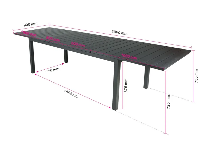Tunis spisebord til udendørsbrug 205/305x90 rektangulært, udtrækkeligt - Sort/Sort - Havemøbler - Havebord - Spisebord & havebord