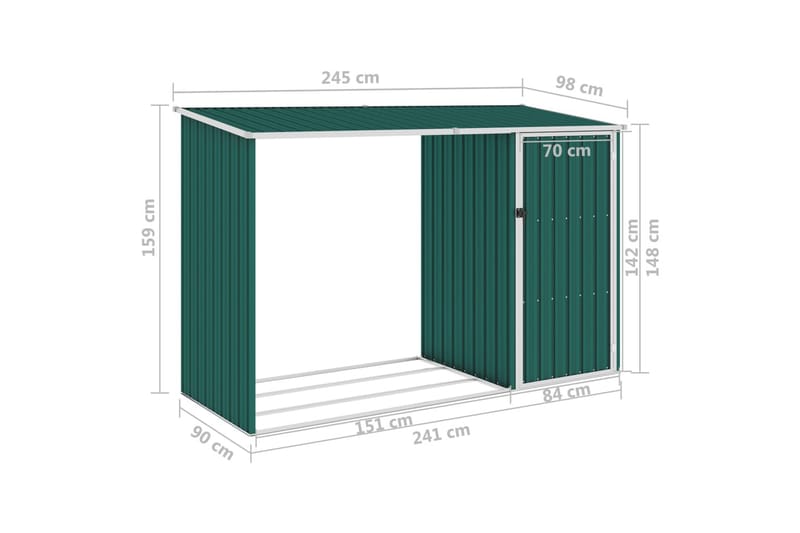 Brændeskur 245x98x159 cm Galvaniseret Stål Grøn - Brændeskur - Brændeopbevaring - Redskabsskur