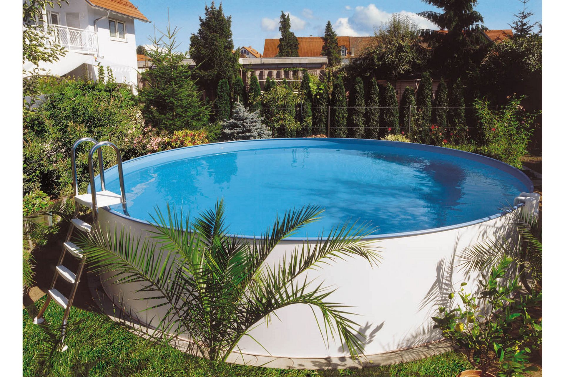 Stålvægspool Premium Rund 4,2x1,5m Indbygget L:Carrara 0. Hv - Planet Pool - Have - Udendørsbad - Pool - Fritstående pool