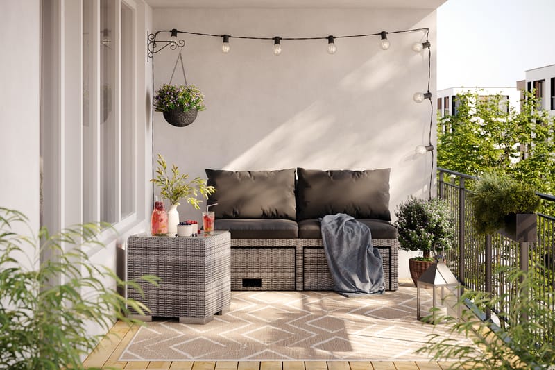 Bahamas Balkonsofa med Puffer - Grå/Sort - Havemøbler - Balkon - Balkonmøbler - Altanbænke