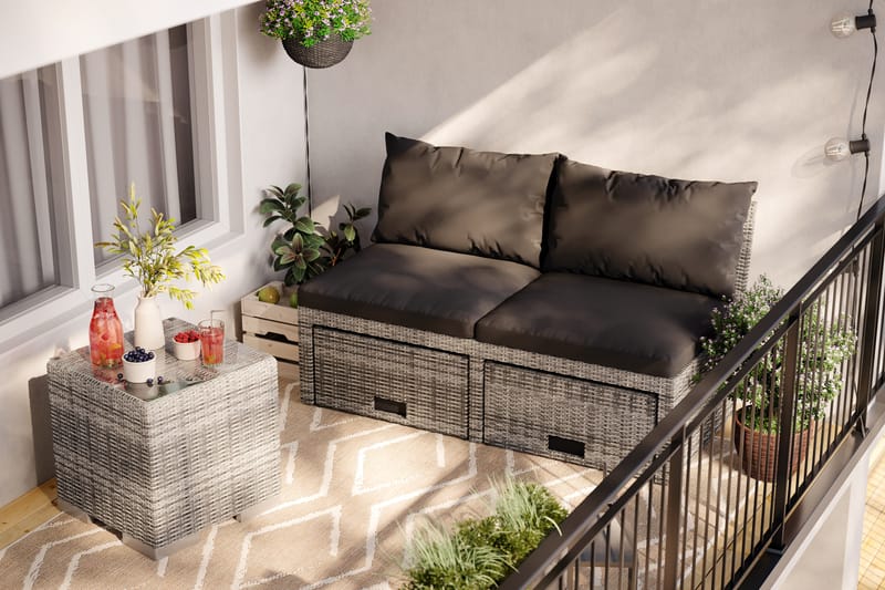 Bahamas Balkonsofa med Puffer - Grå/Sort - Havemøbler - Balkon - Balkonmøbler - Altanbænke
