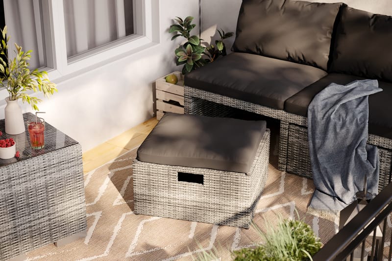 Bahamas Balkonsofa med Puffer - Grå/Sort - Havemøbler - Balkon - Balkonmøbler - Altanbænke