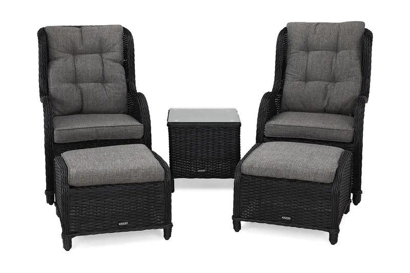 Marcus Café­sæt med 2 Øreklapstole med Fodskammel inkl. Pude - Sort - Havemøbler - Balkon - Balkonmøbler - Altansæt