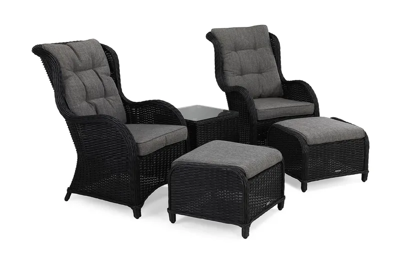 Marcus Café­sæt med 2 Øreklapstole med Fodskammel inkl. Pude, Sort