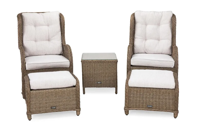 Marcus Cafésæt med 2 Øreklapstol med Fodskammel m Hynde - Natur - Havemøbler - Balkon - Balkonmøbler - Altansæt