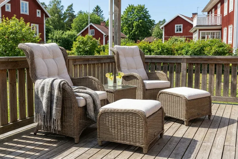 Marcus Cafésæt med 2 Øreklapstol med Fodskammel m Hynde - Natur - Havemøbler - Balkon - Balkonmøbler - Altansæt