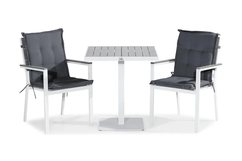 Tunis Cafésæt 70x70 + 2 Stabelstole m. Hynde, Hvid/Grå