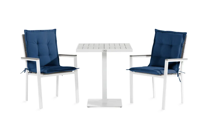 Tunis Cafésæt 70x70 + 2 Stabelstole m. Hynde, Hvid/Grå/Blå
