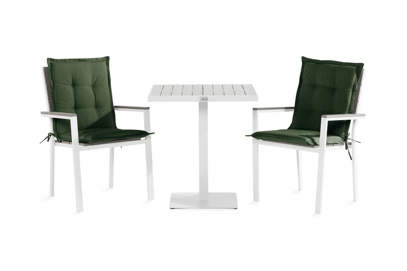 Tunis Cafésæt 70x70 + 2 Stabelstole m. Hynde - Hvid/Grå/Grøn - Havemøbler - Udendørsgruppe - Cafesæt