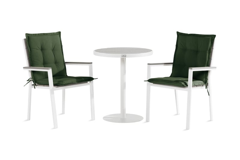 Tunis Cafésæt 70x70 + 2 stabelstole med hynder - Hvid / grå / grøn - Havemøbler - Udendørsgruppe - Cafesæt