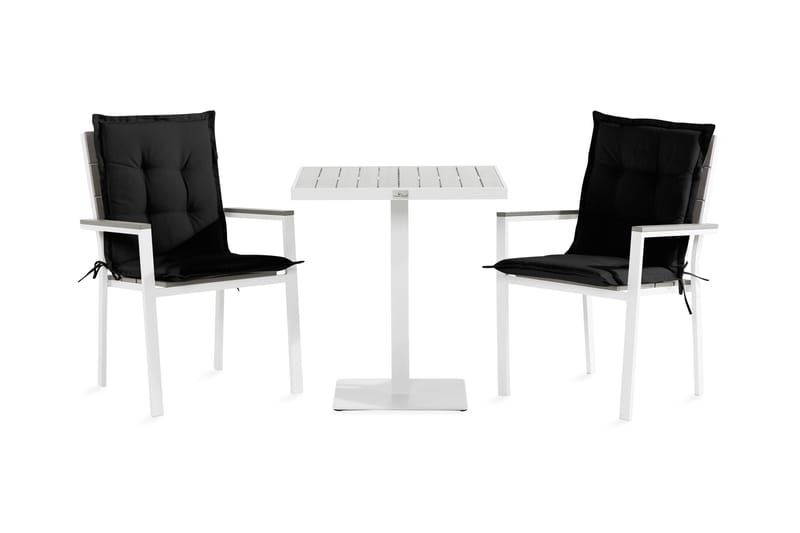 Tunis Cafésæt 70x70 + 2 stabelstole med hynder - Hvid / grå / sort - Havemøbler - Udendørsgruppe - Cafesæt