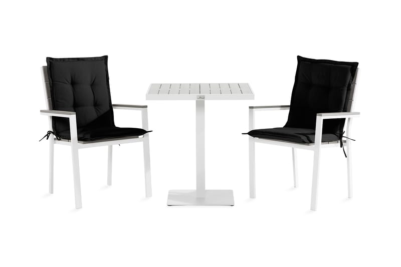 Tunis Cafésæt 70x70 + 2 stabelstole med hynder - Hvid / grå / sort - Altansæt - Cafesæt