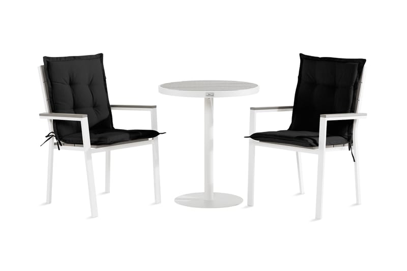Tunis Cafésæt 70x70 + 2 stabelstole med hynder - Hvid / grå / sort - Havemøbler - Udendørsgruppe - Cafesæt