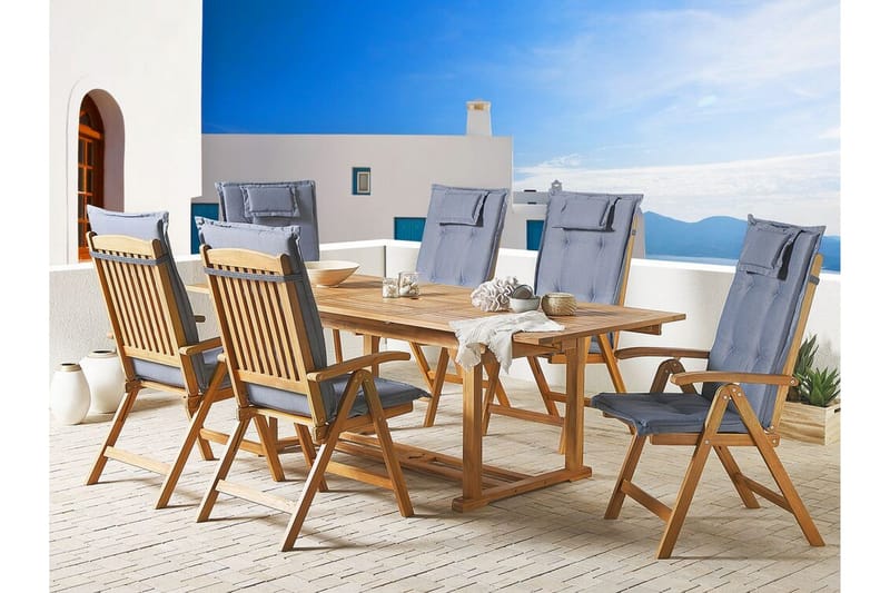 Havestol 6 akacietræ med hynde i blå JAVA - Træ / natur - Havemøbler - Balkon - Balkonmøbler - Altanstole
