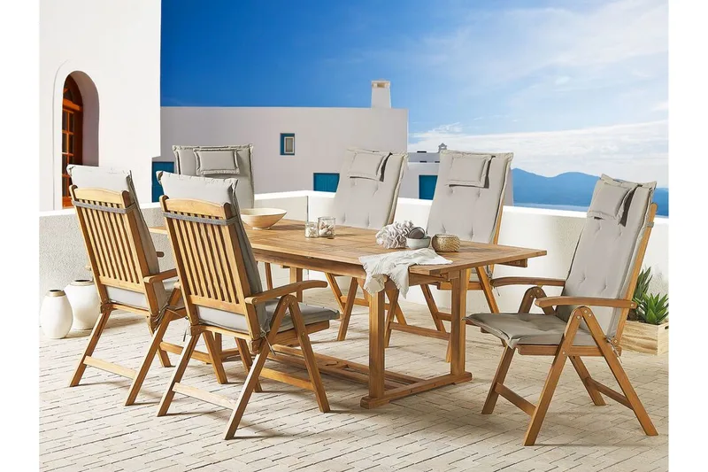 Havestol 6 st akacietræ med hynde JAVA - Træ/natur - Havemøbler - Balkon - Balkonmøbler - Altanstole