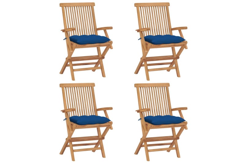 Havestole Med Blå Hynder 4 Stk. massivt teaktræ - Blå - Havemøbler - Balkon - Balkonmøbler - Altanstole