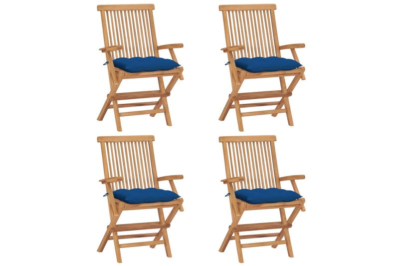 Havestole Med Blå Hynder 4 Stk. massivt teaktræ - Blå - Spisebordsstole udendørs - Altanstole