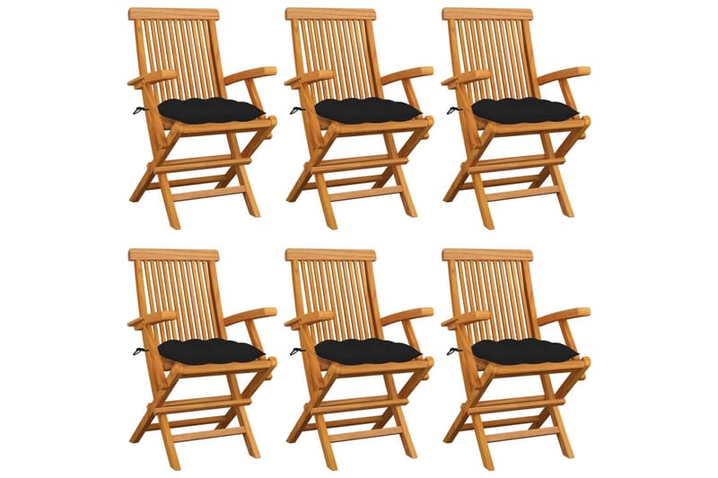 havestole med sorte hynder 6 stk. massivt teaktræ - Sort - Spisebordsstole udendørs - Altanstole