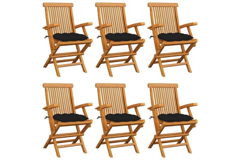 havestole med sorte hynder 6 stk. massivt teaktræ - Sort - Havemøbler - Balkon - Balkonmøbler - Altanstole